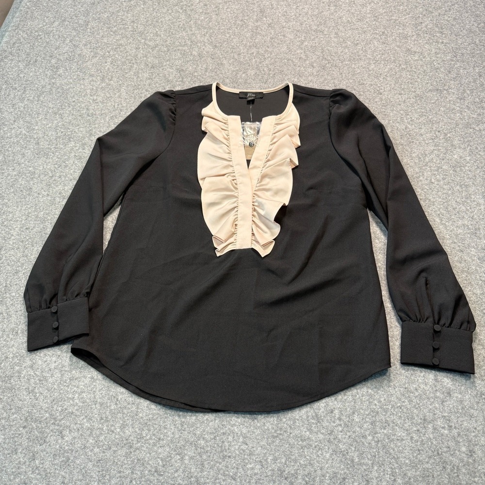 J.Crew Womens XXS Black Pink Ruffle Bib Long Sleeve Blouse New With Tags - Picture 2 of 8